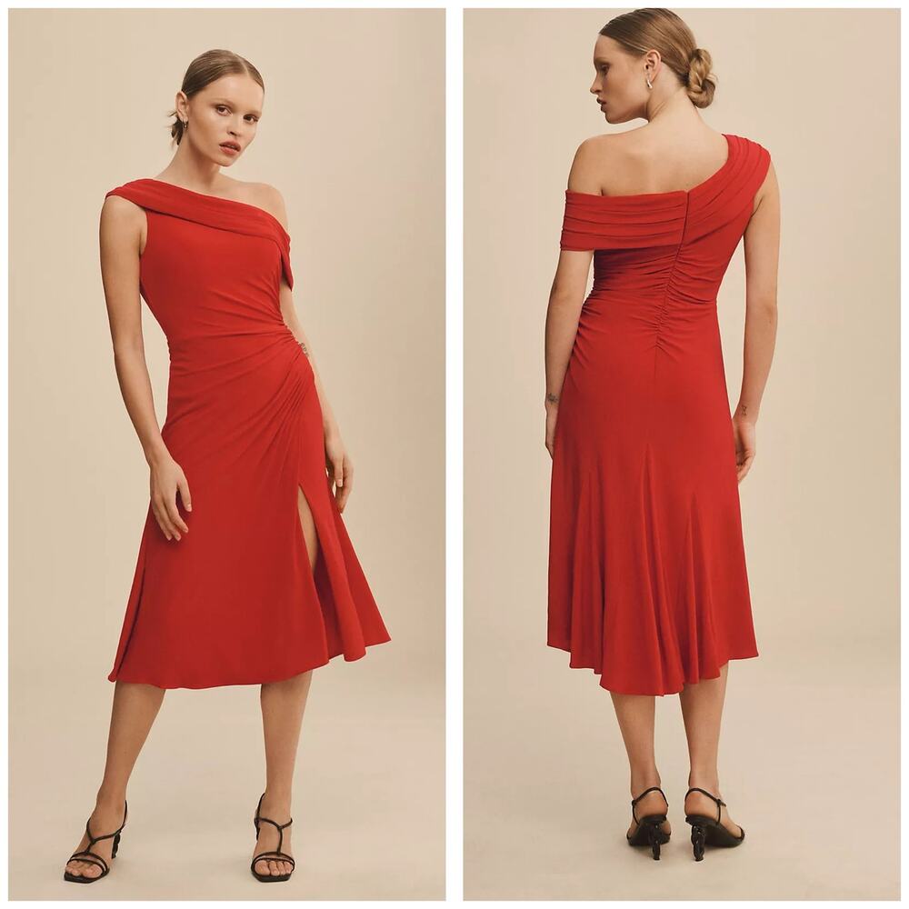 Ieena Mac Duggal Ruched Red Off-The-Shoulder Midi Dress Size 6 Cocktail Wedding